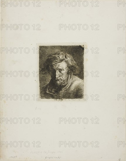 Portrait of the Artist, 1846, Charles Émile Jacque, French, 1813-1894, France, Etching on cream China paper laid down on ivory wove paper, 100 × 83 mm (image), 110 × 90 mm (chine), 111 × 93 mm (plate), 300 × 234 mm (sheet)