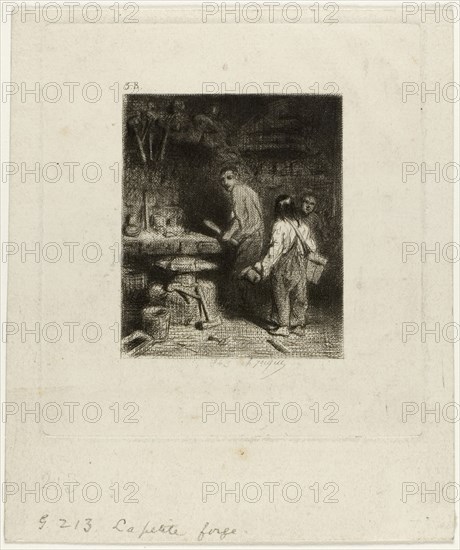 The Small Forge, 1843, Charles Émile Jacque, French, 1813-1894, France, Drypoint and roulette on ivory wove paper, 57 × 47 mm (image), 88 × 80 mm (plate), 114 × 95 mm (sheet)