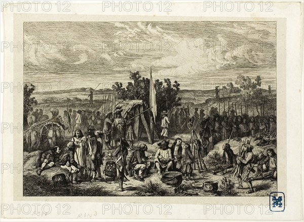 A Royalist Encampment, n.d., Charles Émile Jacque (French, 1813-1894), after Adolphe Pierre Leleux (French, 1812-1891), France, Etching and engraving on light gray China paper, laid down on ivory wove paper, 97 × 141 mm (image), 104 × 152 mm (chine), 120 × 165 mm (sheet)