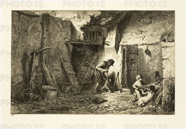 Courtyard, 1845, Charles Émile Jacque, French, 1813-1894, France, Etching, aquatint and roulette on cream China paper laid down on ivory wove paper, 163 × 257 mm (image), 199 × 287 mm (chine), 215 × 307 mm (plate), 260 × 354 mm (sheet)