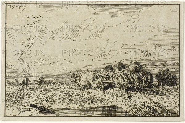 Landscape with Ox-Drawn Wagon, 1846, Charles Émile Jacque, French, 1813-1894, France, Etching on ivory wove paper, 74 × 113 mm (image), 79 × 117 mm (sheet)