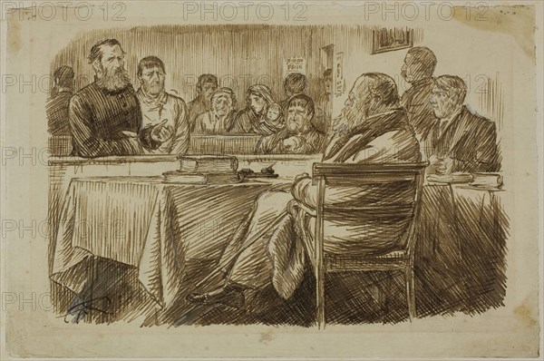 Court Scene, 1870/91, Charles Keene, English, 1823-1891, England, Pen and brown ink, with brush and brown wash and touches of white gouache, over traces of black chalk, on cream wove paper, laid down on card, 154 × 233 mm