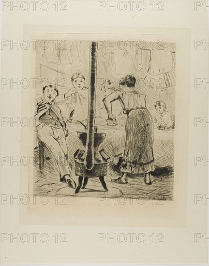 Plate from l’Assommoir (women ironing, man seated before a woodstove), 1879, Gaston La Touche, French, 1854-1913, France, Drypoint and plate tone on ivory laid paper, 240 × 227 mm (image), 279 × 229 mm (plate), 402 × 315 mm (sheet)
