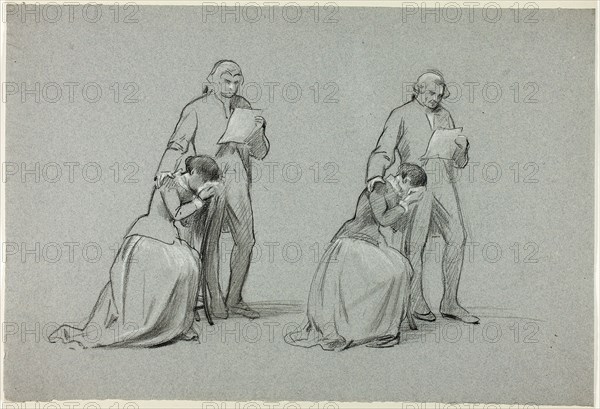 Two Sketches: Father and Daughter, n.d., Henry Stacy Marks, English, 1829-1898, England, Black pastel, heightened with white pastel, on blue laid paper, 309 × 456 mm