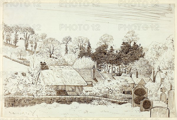 Churchyard, n.d., Henry Stacy Marks, English, 1829-1898, England, Pen and brown ink on blue wove paper, 193 × 290 mm