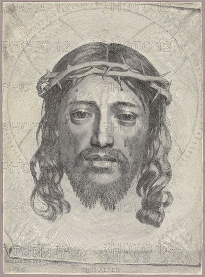 The Sudarium of Saint Veronica, 1649, Claude Mellan, French, 1598-1688, France, Engraving in black on buff laid paper, 433 × 316 mm (plate), 436 × 319 mm (sheet)