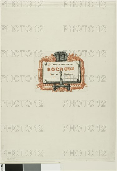 Address-Card of the Printseller, Rochoux, c. 1855, Charles Meryon (French, 1821-1868), printed by Auguste Delâtre (French, 1822-1907), France, Etching, from two plates, one printed in black and the other in red, on ivory laid paper, 92 × 120 mm (image), 92 × 120 mm (plate), 361 × 259 mm (sheet)
