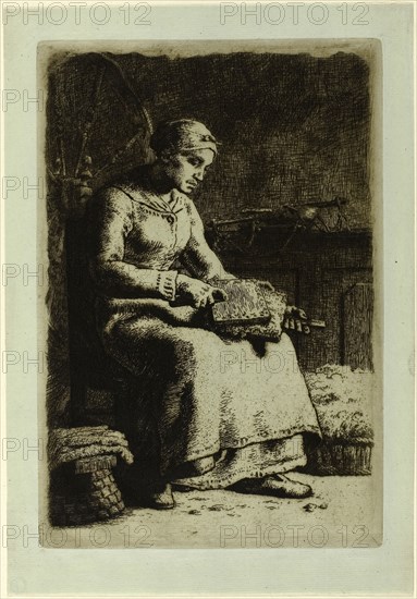 The Wool-Carder, 1855–56, Jean François Millet, French, 1814-1875, France, Etching on bluish-green laid paper hinged on left side to ivory card, 256 × 174 mm (image), 296 × 206 mm (primary support), 355 × 253 mm (secondary support)