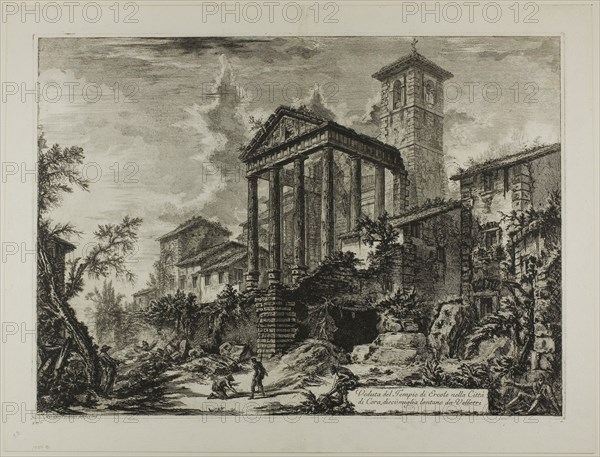 View of the Temple of Hercules at Cori, ten miles distant from Velletri, from Views of Rome, 1769, published 1800–07, Giovanni Battista Piranesi (Italian, 1720-1778), published by Francesco (Italian, 1758-1810) and Pietro Piranesi (Italian, born 1758/9), Italy, Etching on heavy ivory laid paper, 380 x 524 mm (image), 387 x 533 mm (plate), 450 x 588 mm (sheet)