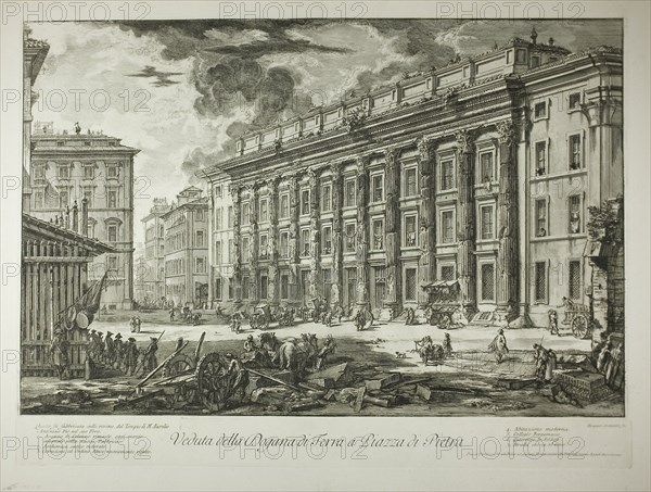 View of the Customs House in Piazza di Pietra, which was built within the ruins of the Temple of Marcus Aurelius Antoninus Pius in his Forum, from Views of Rome, 1750/59, Giovanni Battista Piranesi, Italian, 1720-1778, Italy, Etching on ivory laid paper, 395 x 599 mm (image), 400 x 604 mm (plate), 491 x 638 mm (sheet)