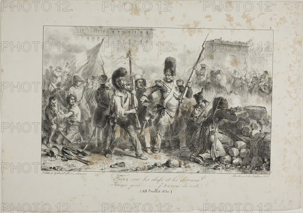 Fire on the Leaders and Cavalry…, 1830–31, Denis Auguste Marie Raffet (French, 1804-1860), printed by Chez Gihaut Frères (French, 19th century), France, Lithograph in black on ivory wove paper, 196 × 309 mm (image), 284 × 404 mm (sheet)