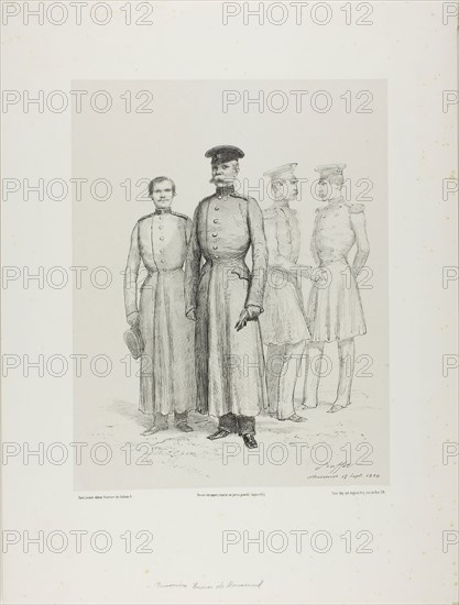Russian Prisoners of Bomarsud, 1854, Denis Auguste Marie Raffet (French, 1804-1860), printed by Auguste Bry (French, 19th century), published by Éditeur Leconte (French, 19th century), France, Lithograph in black on gray chine laid down on ivory wove paper, 251 × 231 mm (image), 309 × 240 mm (primary support), 457 × 347 mm (secondary support)