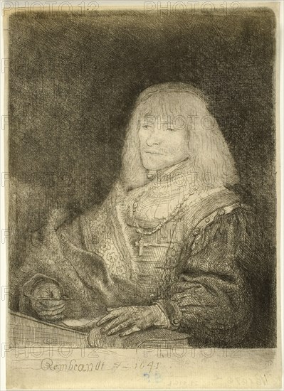 Man at a Desk Wearing a Cross and Chain, 1641, Rembrandt van Rijn, Dutch, 1606-1669, Holland, Etching on laid paper, 129 x 103 mm (image), 146 x 105 mm (sheet)