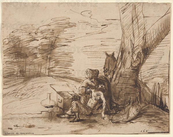 The Good Samaritan, c. 1650, School of Rembrandt van Rijn, Dutch, 1606-1669, Holland, Pen and brown ink, with brush and brown wash, on cream laid paper, 194 x 244 mm