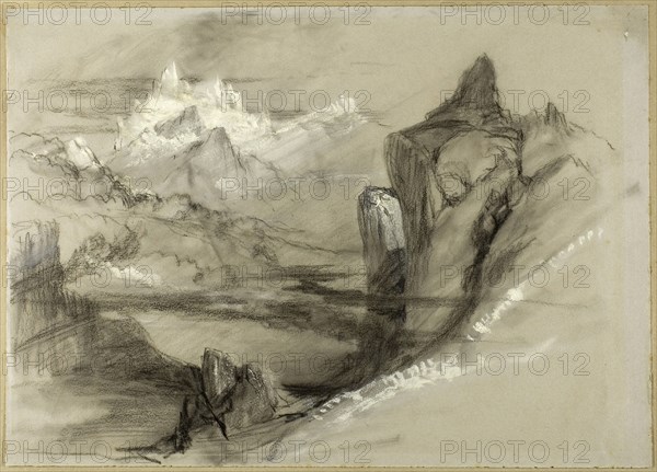 Mountain Landscape, 1834/73, Attributed to John Ruskin, English, 1819-1900, England, Black chalk, with stumping, brush and gray wash, and white gouache, on gray wove paper, tipped onto green wove paper, 261 × 365 mm
