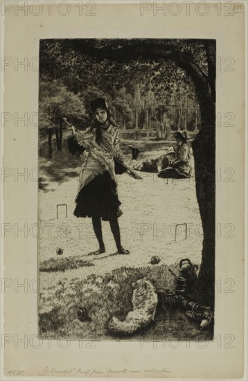 Croquet, 1878, James Tissot, French, 1836-1902, France, Etching and drypoint on cream laid paper, 307 × 180 mm (image/plate), 380 × 245 mm (sheet)