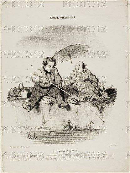 The Pleasures of Fishing., You are always in such a rush, Good God, we only just got here at noon and it is now only a quarter past five, Just give me a little more time, I am sure I’ll end by catching one, plate 50 from Moeurs Conjugales, 1842, Honoré Victorin Daumier, French, 1808-1879, France, Lithograph in black on white wove paper, 241 × 224 mm (image), 343 × 259 mm (sheet)