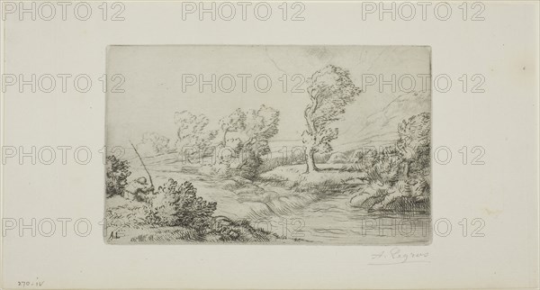Banks of the Marne, c. 1883, Alphonse Legros, French, 1837-1911, France, Etching, drypoint and plate tone on light-green laid paper, 120 × 175 mm (plate), 153 × 284 mm (sheet)