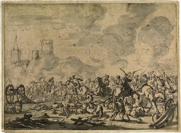 Cavalry and Artillery Battle, n.d., Style of Jacques Courtois, French, c. 1729-c. 1767, France, Pen and brown ink, and brush and black and gray wash, heightened with lead white (discolored), on tan laid paper, laid down on cream laid card, 427 × 589 mm