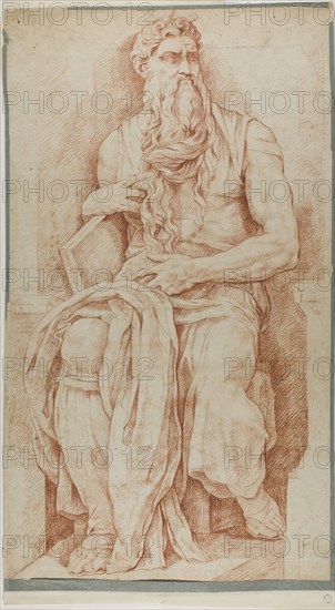 Moses, n.d., after Michelangelo Buonarroti, Italian, 1475-1564, Italy, Red chalk on ivory laid paper, laid down on gray wove paper, 562 x 319 mm (max.)