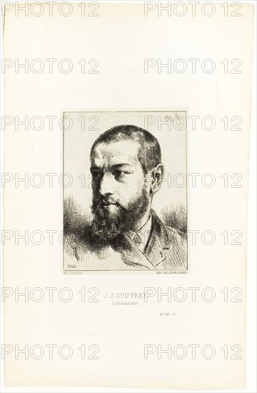 Portrait of J.J. Guiffrey, 1866, Charles Émile Jacque, French, 1813-1894, France, Etching and drypoint on light gray China paper laid down on ivory wove paper, 89 × 70 mm (image), 94 × 73 mm (chine), 147 × 102 mm (plate), 216 × 137 mm (sheet)