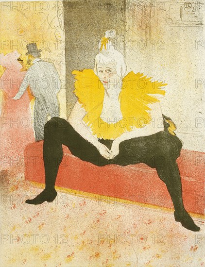 Seated Female Clown (Mademoiselle Cha-U-Kao), plate one from Elles, 1896, Henri de Toulouse-Lautrec (French, 1864-1901), published by Gustave Pellet (French, 1859-1919), probably printed by Auguste Clot (French, 1858-1936), France, Color lithograph on ivory wove paper, 526 × 403 mm