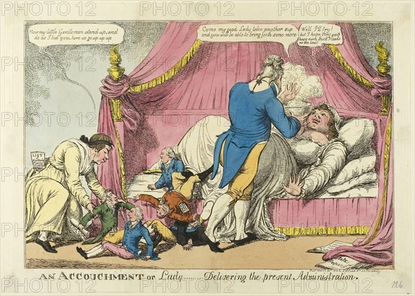 An Accouchment, published March 30, 1812, Charles WIlliams (English, active 1797-1830), published by S. W. Fores (English, active 1785-1825), England, Hand-colored etching on ivory laid paper, 229 × 340 mm (image);257 × 360 mm (plate), 267 × 374 mm (sheet)