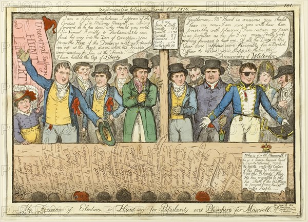 The Freedom of Election, published June 22, 1818, Isaac Robert Cruikshank (English, 1789-1856), published by George Humphrey (English, c. 1773-1831), England, Hand-colored etching on paper, 254 × 357 mm (image), 265 × 367 mm (sheet cut within plate mark)