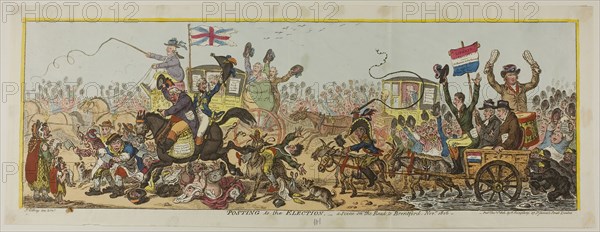 Posting to the Election, published December 1, 1806, James Gillray (English, 1756-1815), published by Hannah Humphrey (English, c. 1745-1818), England, Hand-colored etching on paper, 210 × 610 mm (image), 220 × 620 mm (plate), 243 × 650 mm (sheet)