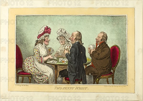 Two-Penny Whist, published January 11, 1796, James Gillray (English, 1756-1815), published by Hannah Humphrey (English, c. 1745-1818), England, Etching in dark brown, with handcoloring, on cream wove paper, 231 × 334 mm (image), 247 × 350 mm (plate), 270 × 384 mm (sheet)