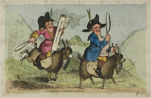 On a Journey to a Courtship in Wales, published June 16, 1795, Richard Newton, English, 1777-1798, England, Hand-colored etching on paper, 260 × 405 mm (image/plate), 278 × 427 mm (sheet)