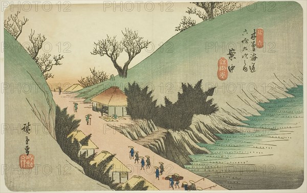 No. 16: Annaka, from the series Sixty-nine Stations of the Kisokaido (Kisokaido rokujukyu tsugi no uchi), c. 1835/38, Utagawa Hiroshige ?? ??, Japanese, 1797-1858, Japan, Color woodblock print, oban, 22 x 34.9 cm (8 5/8 x 13 3/4 in.)