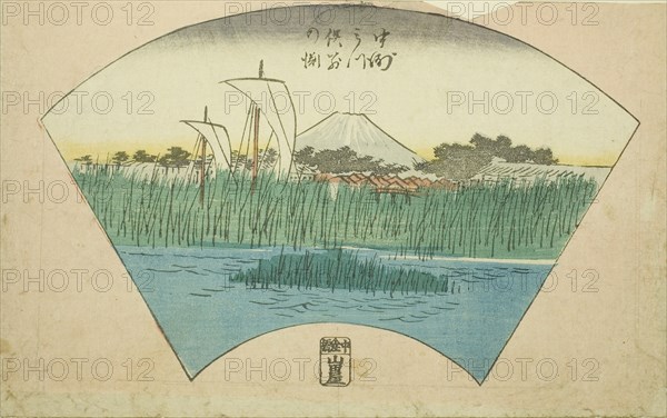 The Parting Depth of the Three-pronged River at Nakasu (Nakasu Mitsumata Wakarenofuchi), section of a sheet from the series Cutout Pictures of Famous Places in Edo (Edo meisho harimaze zue), 1857, Utagawa Hiroshige ?? ??, Japanese, 1797-1858, Japan, Color woodblock print, section of harimaze sheet, 16.1 x 25.7 cm