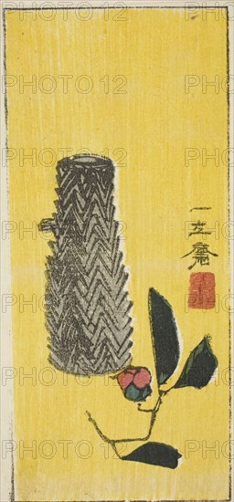 Camellia and basket, section of an untitled harimaze sheet, c. 1850s, Utagawa Hiroshige ?? ??, Japanese, 1797-1858, Japan, Color woodblock print, section of harimaze sheet, 17.1 x 8 cm