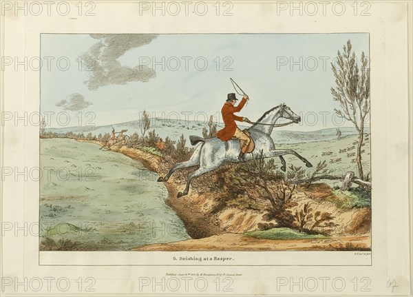 Swishing at a Rasper, plate six from Indispensable Accomplishments, published June 24, 1811, Sir Robert Frankland (English, 1784-1849), published by Hannah Humphrey (English, c. 1745-1818), England, Hand-colored etching on paper, 189 × 269 mm (image), 213 × 294 mm (plate), 236 × 330 mm (sheet)