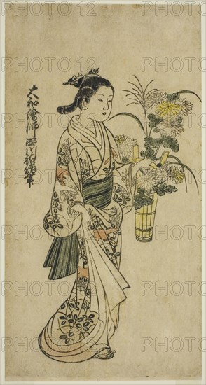 Young Girl Carrying a Flower Arrangement, first half of 18th century, Nishikawa Sukenobu, Japanese, 1671–1750, Japan, Hand-colored woodblock print, page from an illustrated album, 12 1/4 x 6 3/8 in.