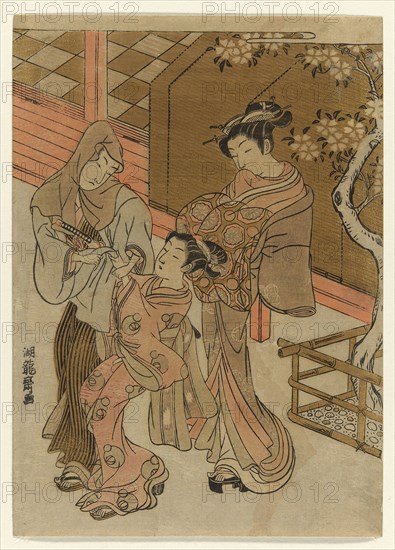 Courtesan Watching her Attendant Detain Hooded Man, c. 1772, Isoda Koryusai, Japanese, 1735-1790, Japan, Color woodblock print, chuban, 10 1/4 x 7 1/4 in.