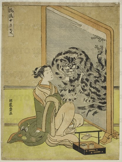 Tiger, from the series Fashionable Twelve Signs of the Zodiac (Furyu juni shi), c. 1770/72, Isoda Koryusai, Japanese, 1735-1790, Japan, Color woodblock print, chuban, 10 1/4 x 7 3/4 in.
