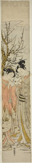 Couple Lighting Pipes Under a Plum Tree, c. 1772, Isoda Koryusai, Japanese, 1735-1790, Japan, Color woodblock print, hashira-e, 27 3/4 x 5 in.