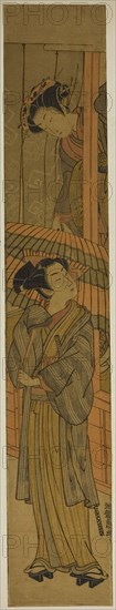 Courtesan Pulling a Young Man’s Umbrella (parody of Rashomon), c. 1773, Isoda Koryusai, Japanese, 1735-1790, Japan, Color woodblock print, hashira-e, 26 7/8 x 4 5/8 in.