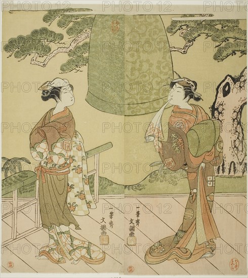 The Actors Ichimura Uzaemon IX as Shume no Hangan Morihisa (right), and Sanogawa Ichimatsu II as Chujo (left), in the Play Edo no Hana Wakayagi Soga, Performed at the Ichimura Theater in the Second Month, 1769, c. 1769, Ippitsusai Buncho, Japanese, active c. 1755-90, Japan, Color woodblock print, hosoban, center and left sheets of triptych, 31.5 x 14.3 cm (12 3/8 x 5 5/8 in.) (right), 31.3 x 14.2 cm (12 5/16 x 5 9/16 in.) (left)