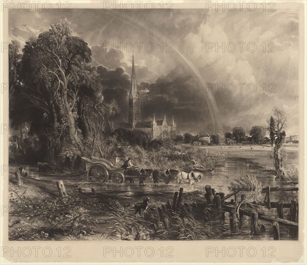 Salisbury Cathedral from the Meadows: the Rainbow, 1834, David Lucas (English, 1802-1881), after John Constable (English, 1776-1837), England, Mezzotint with etching, in black, on cream wove paper, 552 × 689 mm (image), 616 × 712 mm (sheet)