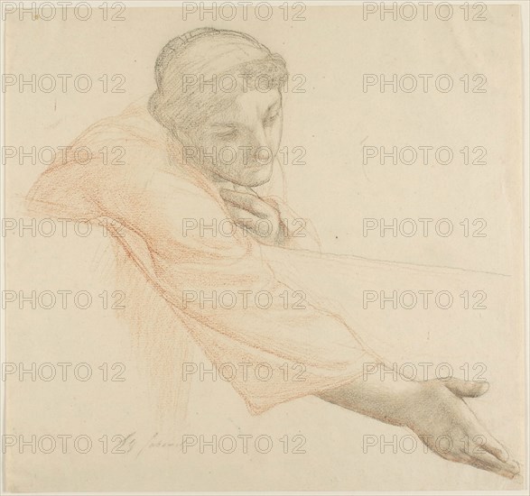 Woman Reaching Over a Wall, study for The Life of Saint Louis, King of France, c. 1878, Alexandre Cabanel, French, 1823-1889, France, Black and red chalk, with touches of stumping, on cream laid paper, 268 × 284 mm