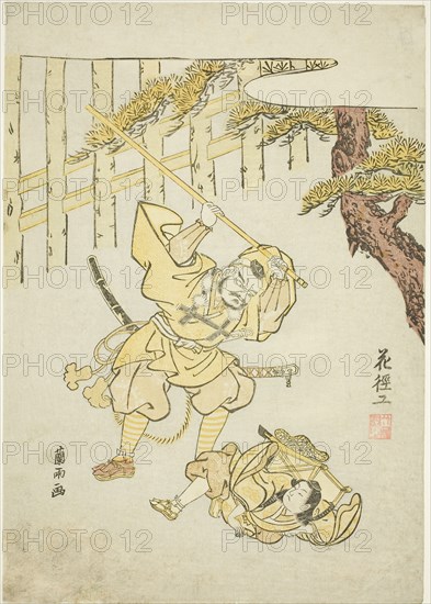 Yoshitsune and Benkei at Ataka barrier, 1765, Ran-u, Japanese, 18th century, Japan, Color woodblock print, chuban, 11 x 7 5/8 in.