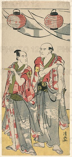 The Actors Arashi Ryuzo II and Ichikawa Komazo III, from a pentaptych of eleven actors celebrating the festival of the shrine of the Soga brothers, 1788, Torii Kiyonaga, Japanese, 1752-1815, Japan, Color woodblock print, hosoban, pentaptych (first sheet from the right), 31.1 x 13.8 cm