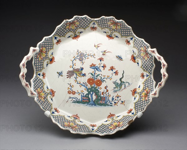 Tray, 1725/30, France, Rouen, Rouen, Tin-glazed earthenware (faience) with polychrome enamels, 7.6 × 35.5 × 29.7 cm (3 × 14 1/8 × 11 11/16 in.)