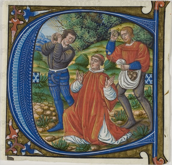 The Stoning of Saint Stephen in a Historiated Initial A or C from a Gradual, c. 1500, French (Paris), circle of the Master of Jacques de Besançon or the Master of Morgan 85, France, Manuscript cutting in tempera and gold leaf, with gothica textualis inscriptions in black, ruled in red, on parchment, 130 × 135 mm