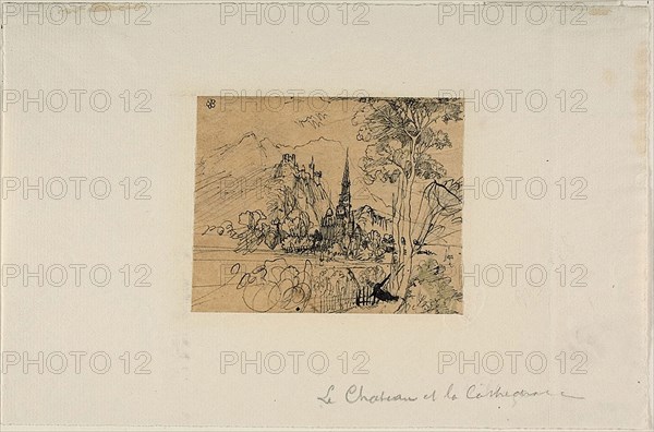 The Château and the Cathedral, n.d., Rodolphe Bresdin, French, 1825-1885, France, Pen and black ink, on tan tracing paper, laid down on ivory laid paper, 80 × 101 mm