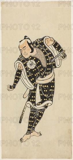 The actor Bando Matataro IV as Gempachibyoe in the play Mutsu no Hana Ume no Kaomise (Snowflakes: Plum Blossoms Kaomise), c. 1769, Katsukawa Shunsho ?? ??, Japanese, 1726-1792, Japan, Color woodblock print, hosoban, 31.6 x 14.2 cm (12 7/16 x 5 9/16 in.)