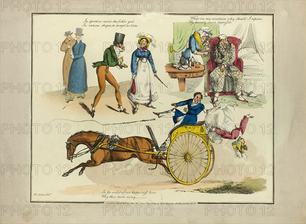 Plate from Illustrations to Popular Songs, 1822, Henry Alken (English, 1785-1851), published by Thomas McLean (English, active 1790-1860), England, Soft ground etching with hand-coloring and aquatint on paper, 200 × 255 mm (image), 210 × 265 mm (plate), 245 × 340 mm (sheet)